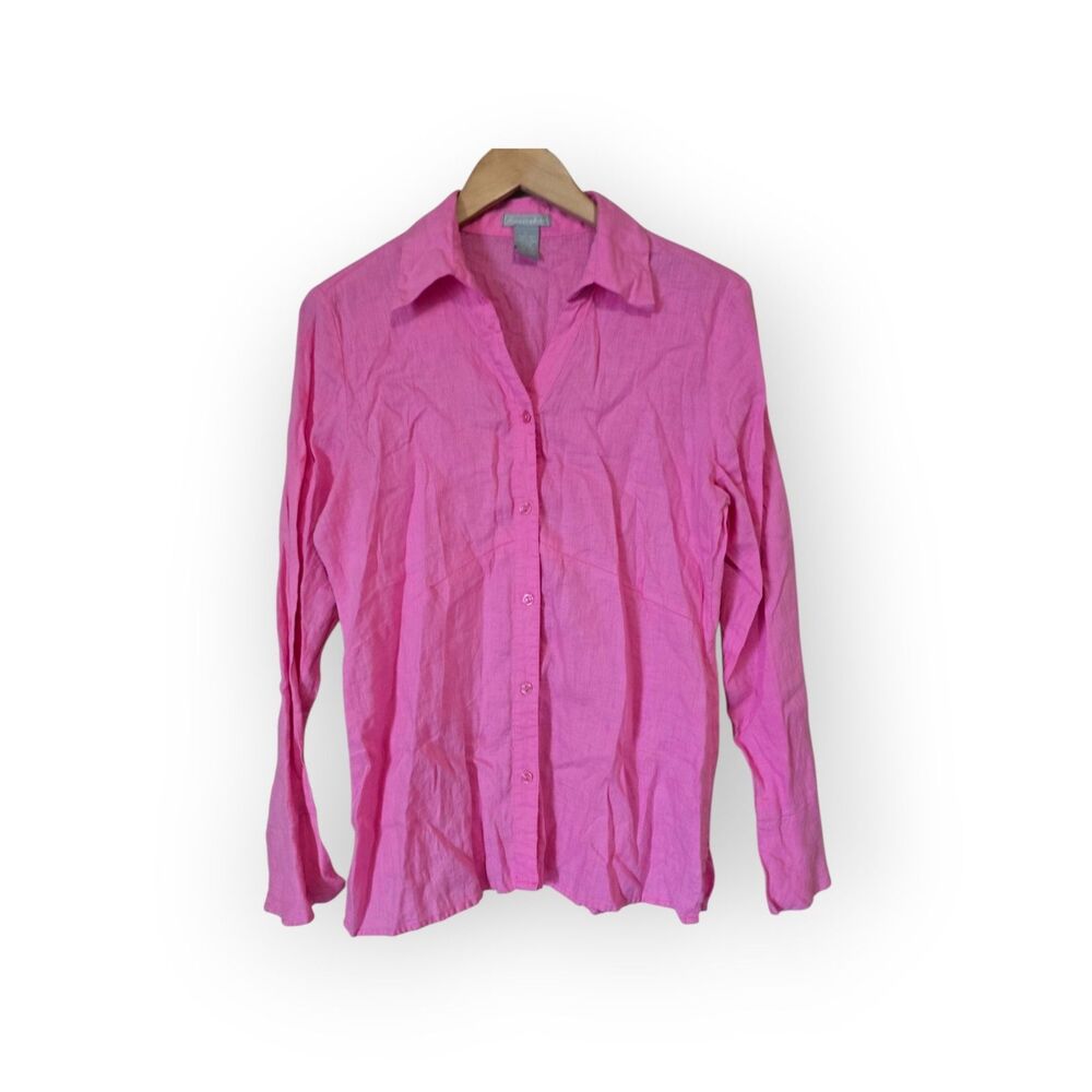 Deane White Womens Large Pink 100% Linen Long Sleeve Button Up Shirt Top Blouse